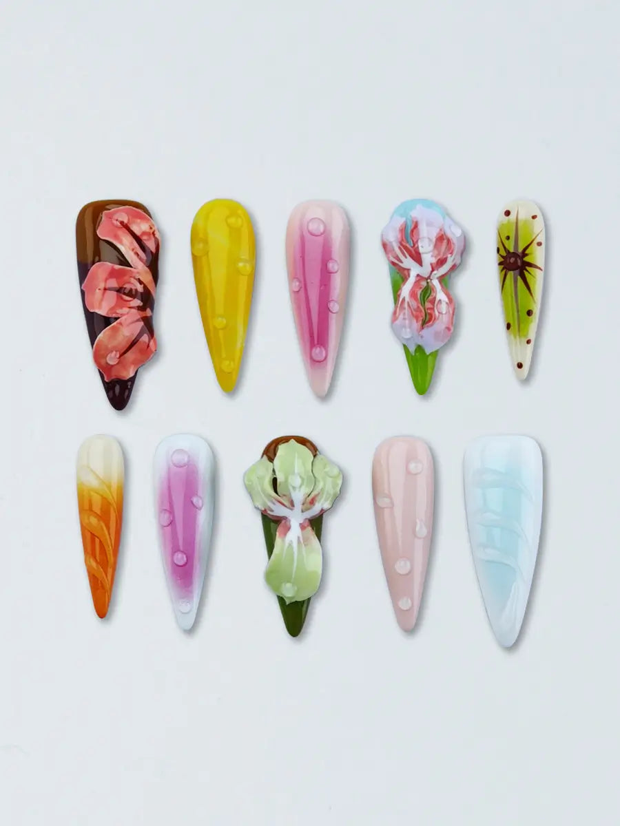 Color-Block Stiletto Press-On Nails with 3D Flowers & Dewdrop Accents