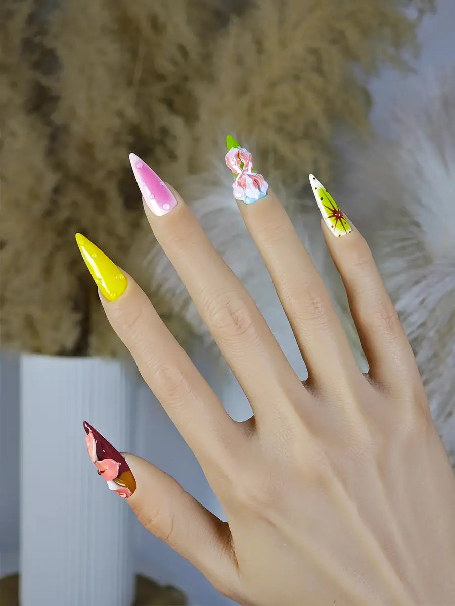 Color-Block Stiletto Press-On Nails with 3D Flowers & Dewdrop Accents