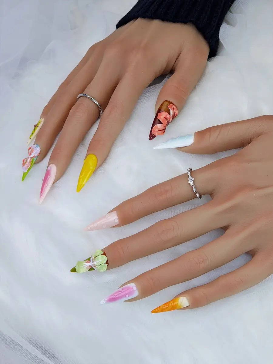 Color-Block Stiletto Press-On Nails with 3D Flowers & Dewdrop Accents