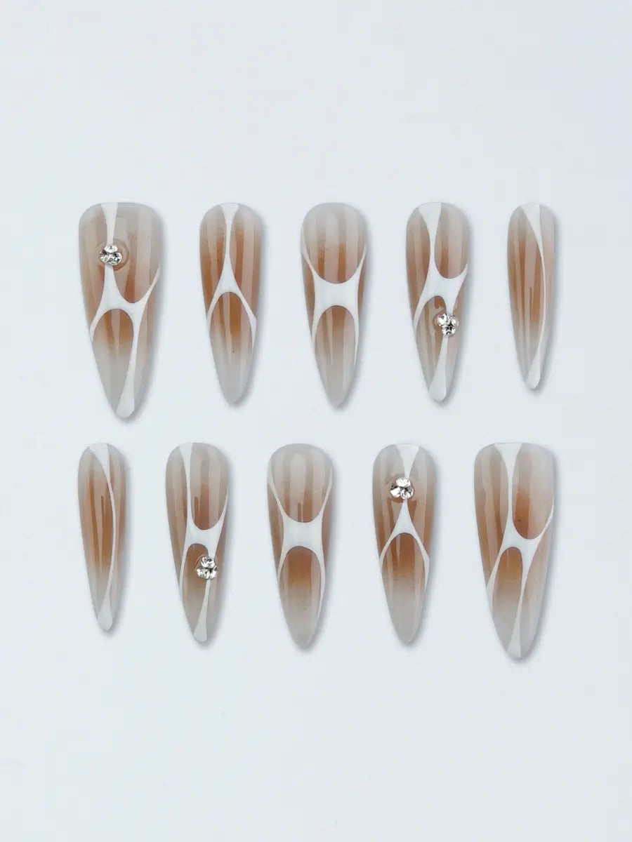 Nude & White Geometric Stiletto Press-On Nails with Rhinestone Accents