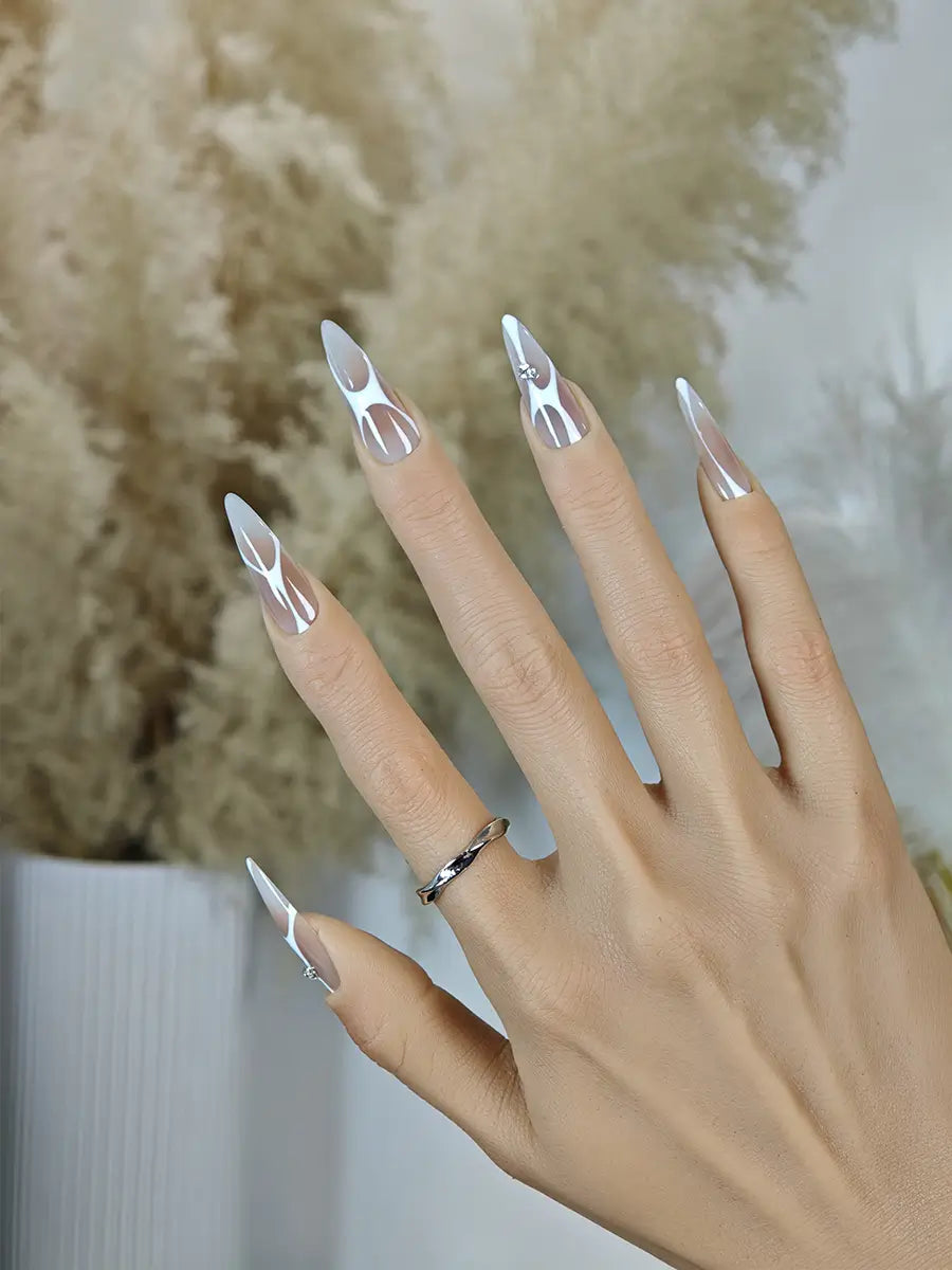 Nude & White Geometric Stiletto Press-On Nails with Rhinestone Accents