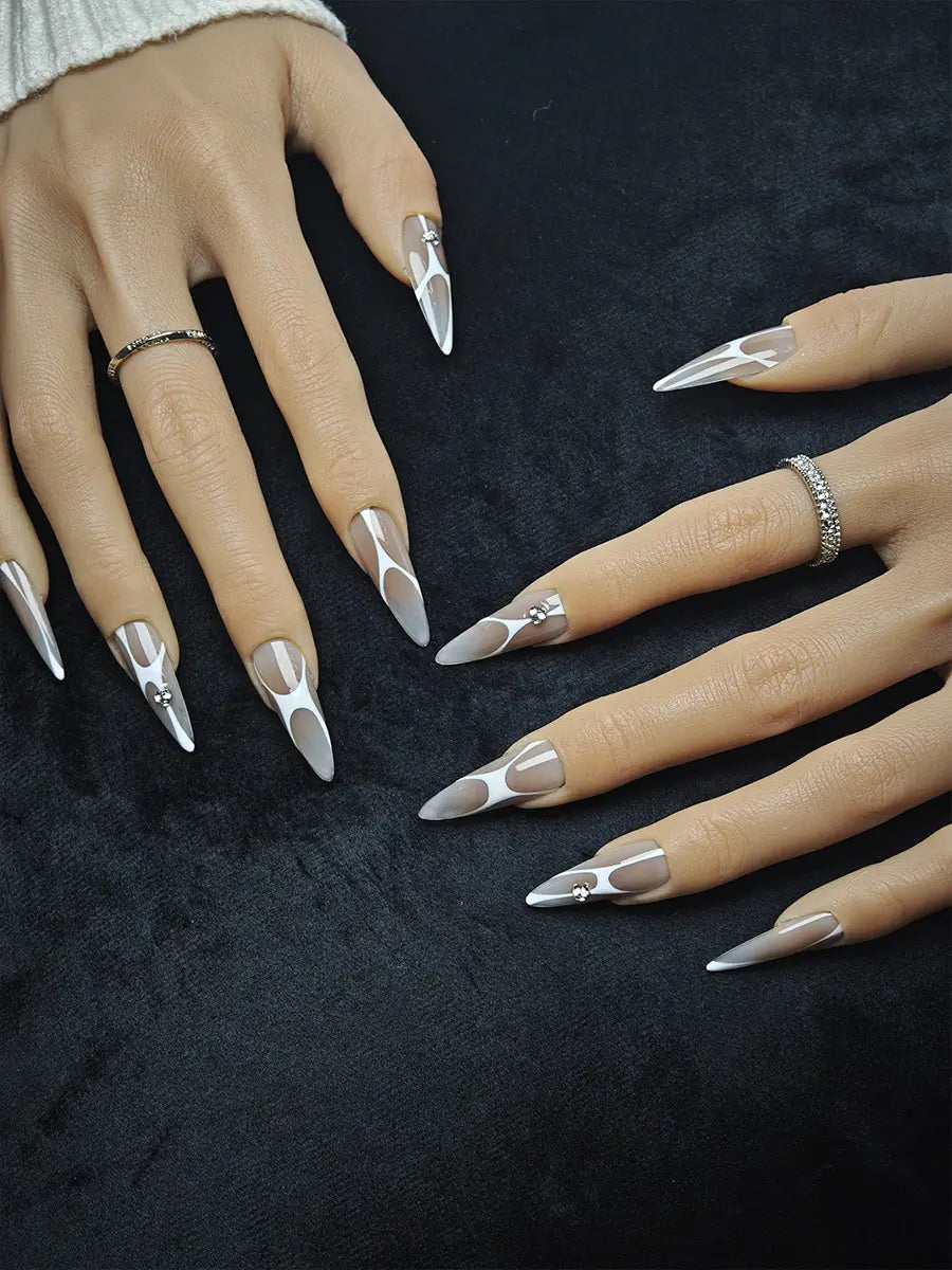 Nude & White Geometric Stiletto Press-On Nails with Rhinestone Accents
