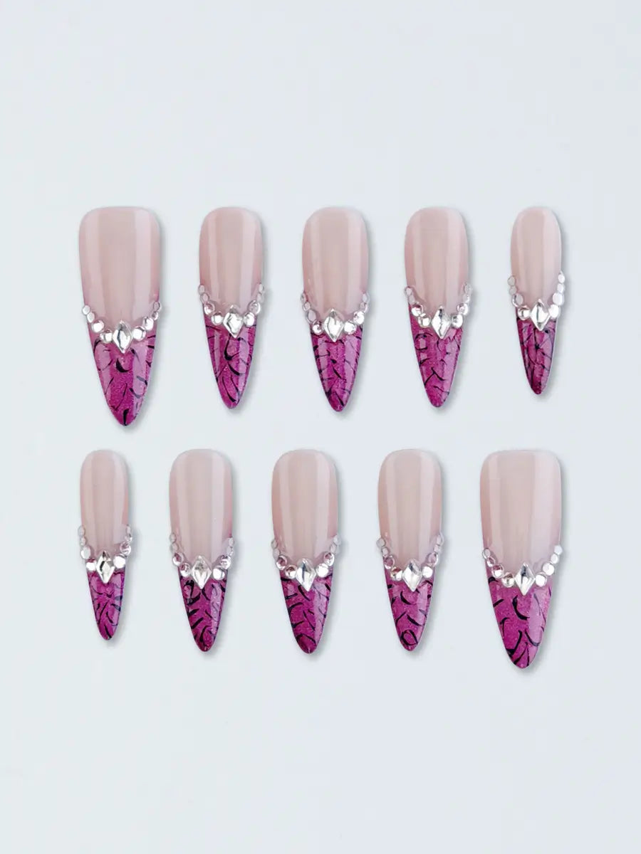 Blush Pink & Plum 3D Stiletto Press-On Nails with Rhinestone Accents