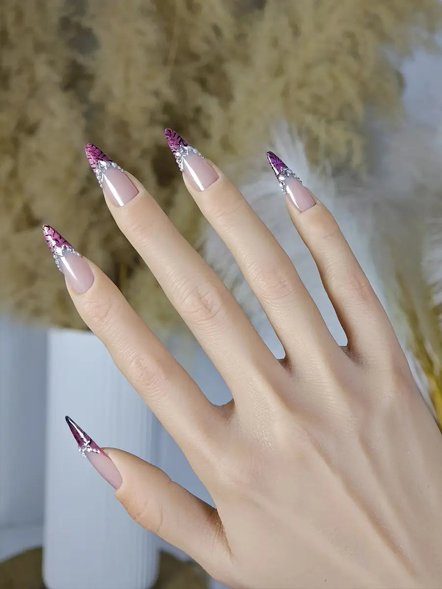 Blush Pink & Plum 3D Stiletto Press-On Nails with Rhinestone Accents