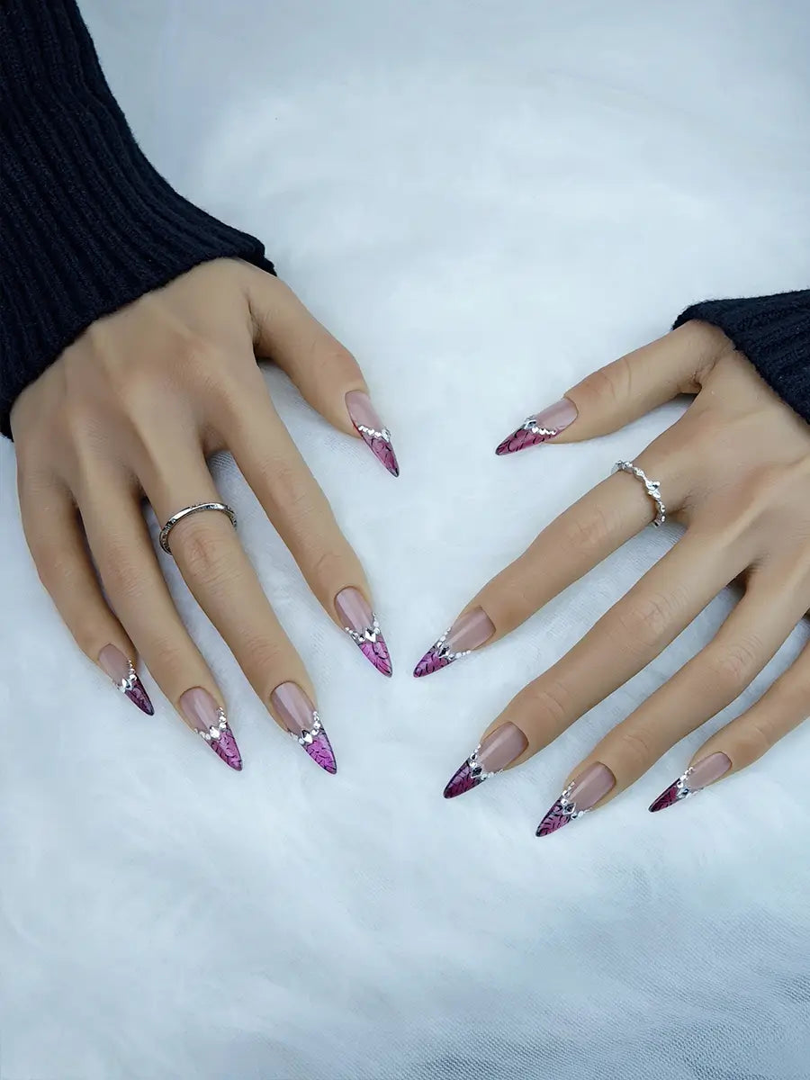 Blush Pink & Plum 3D Stiletto Press-On Nails with Rhinestone Accents