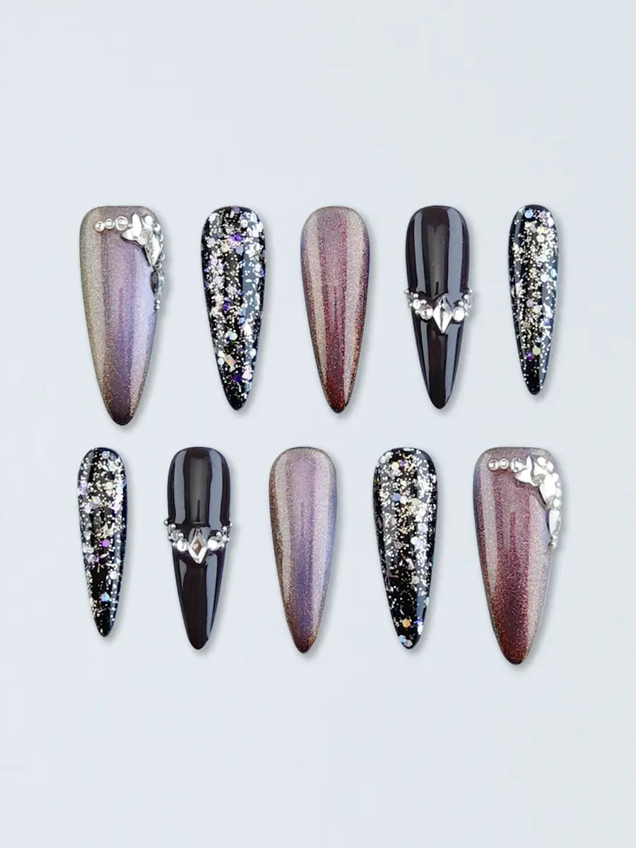 Cyber Gothic Metallic Stiletto Press-On Nails with Multi-Color Glitter