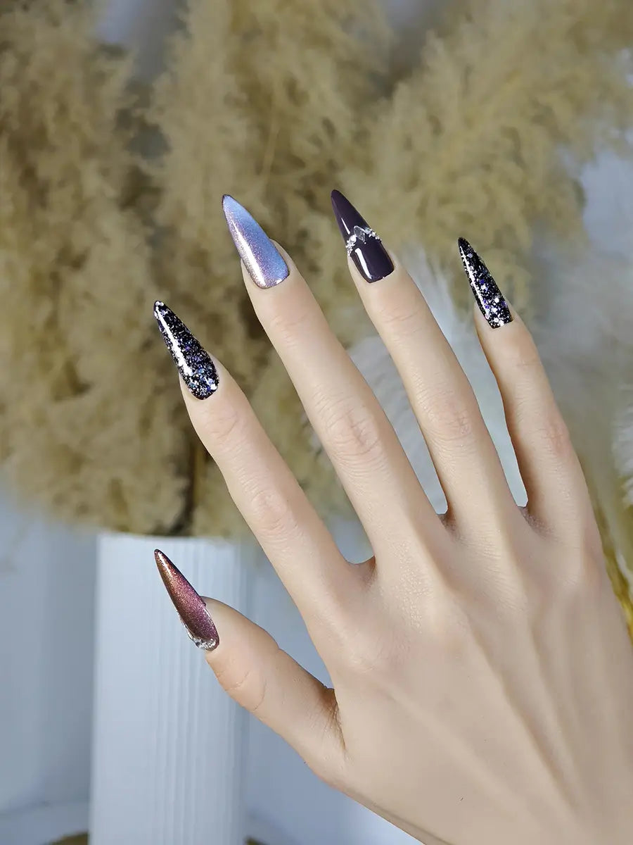 Cyber Gothic Metallic Stiletto Press-On Nails with Multi-Color Glitter