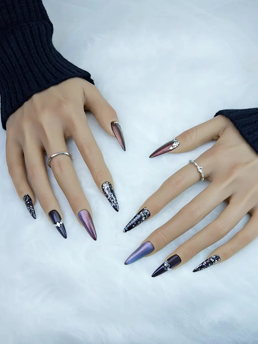 Cyber Gothic Metallic Stiletto Press-On Nails with Multi-Color Glitter