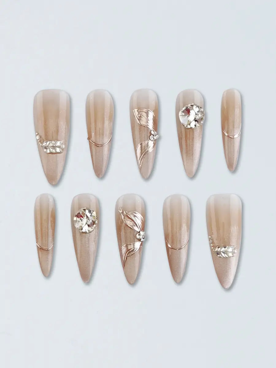 Nude Luxury Metallic Stiletto Press-On Nails with Rhinestones & Metal Accents