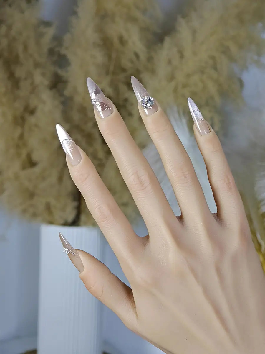 Nude Luxury Metallic Stiletto Press-On Nails with Rhinestones & Metal Accents