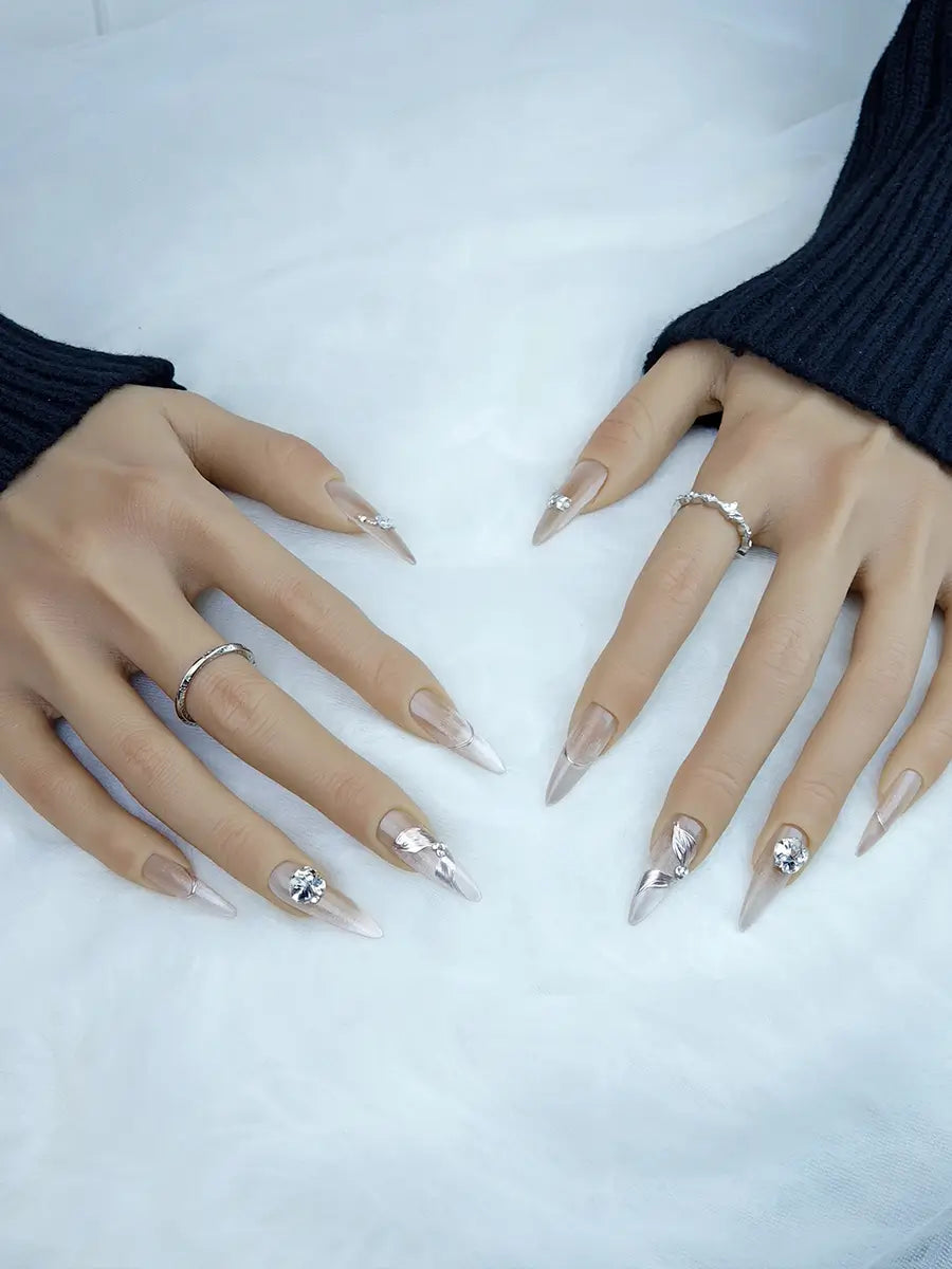 Nude Luxury Metallic Stiletto Press-On Nails with Rhinestones & Metal Accents