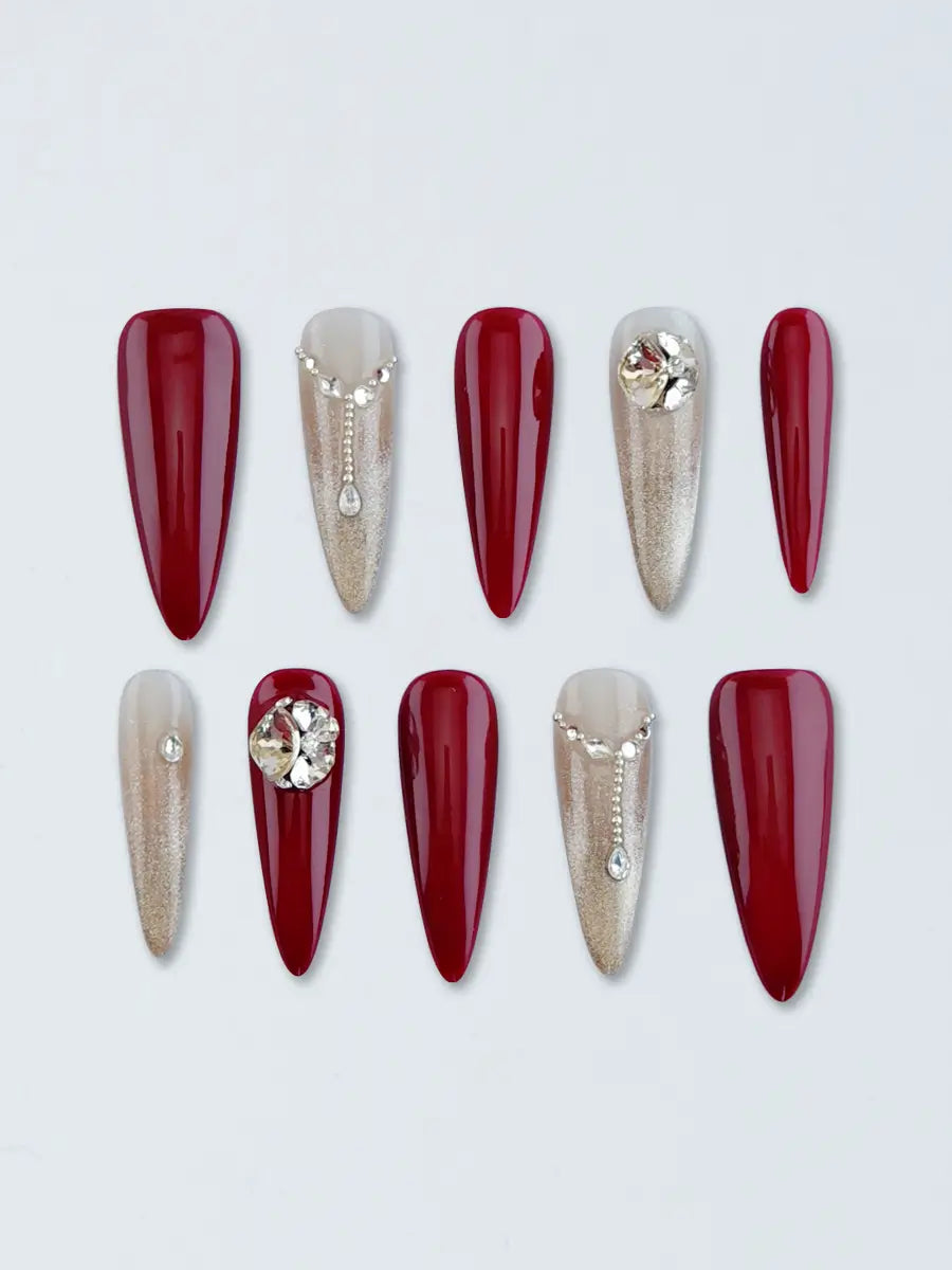 Luxury Red & Gold Gradient Stiletto Wedding Press-On Nails