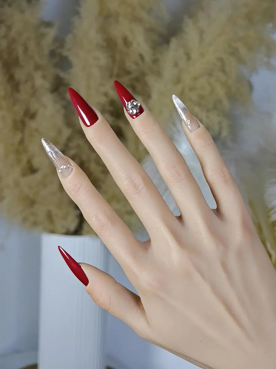 Luxury Red & Gold Gradient Stiletto Wedding Press-On Nails