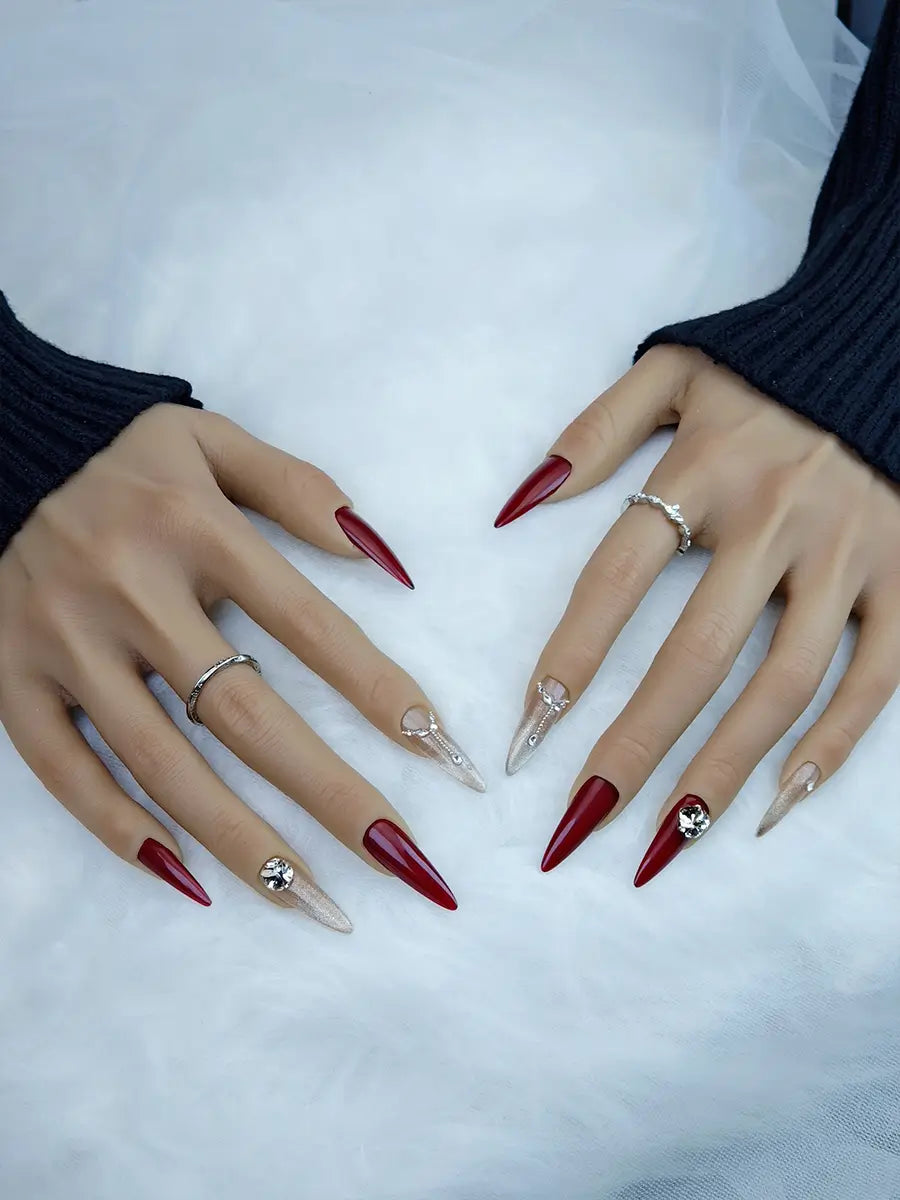 Luxury Red & Gold Gradient Stiletto Wedding Press-On Nails