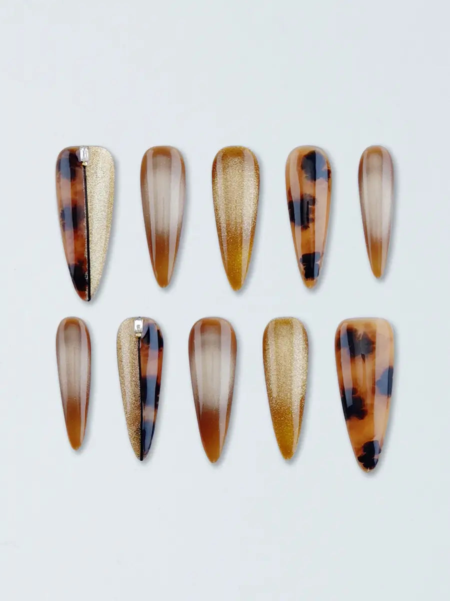 Tortoiseshell & Champagne Gold Gradient Stiletto Press-On Nails with Rhinestones