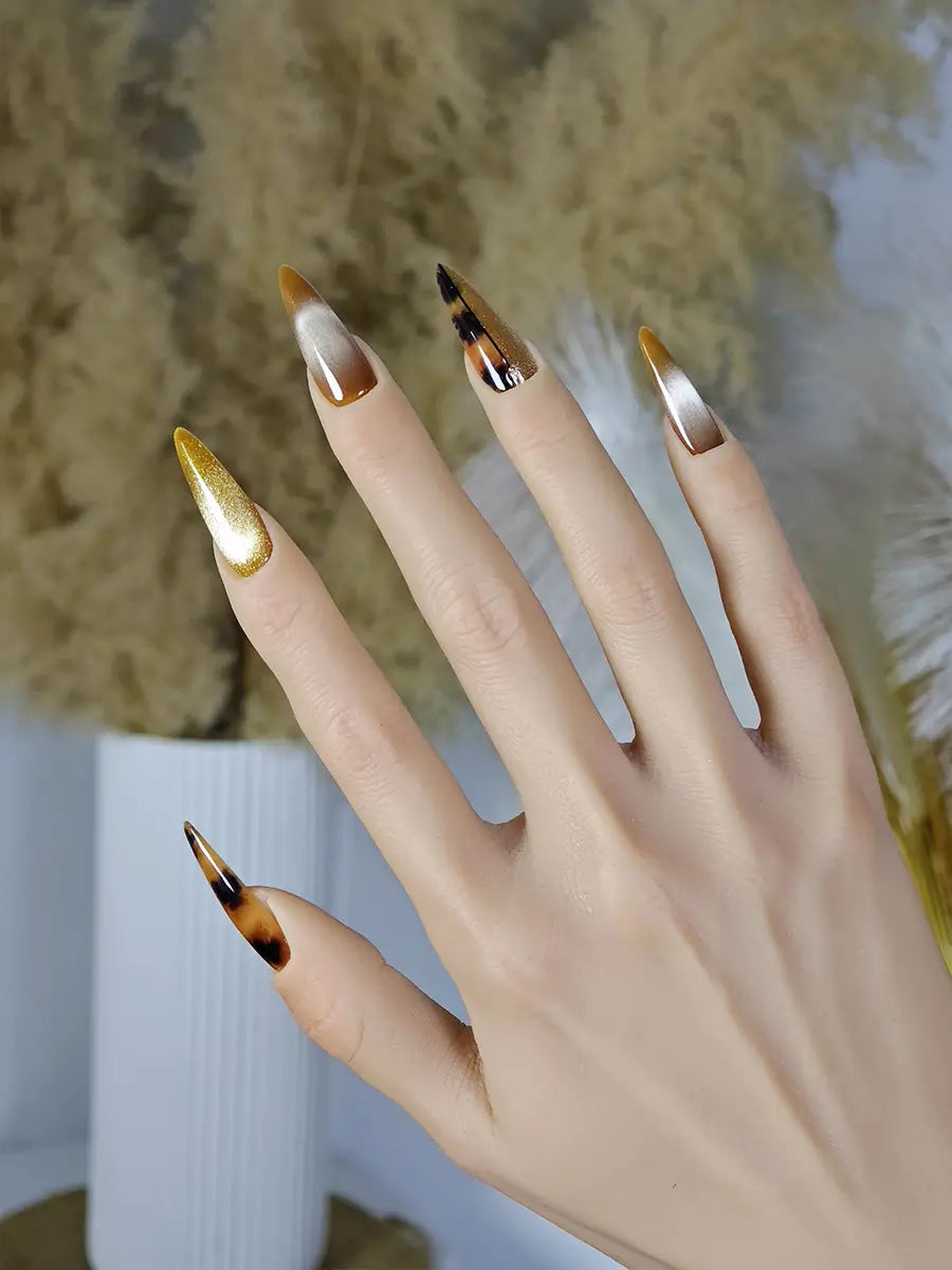 Tortoiseshell & Champagne Gold Gradient Stiletto Press-On Nails with Rhinestones