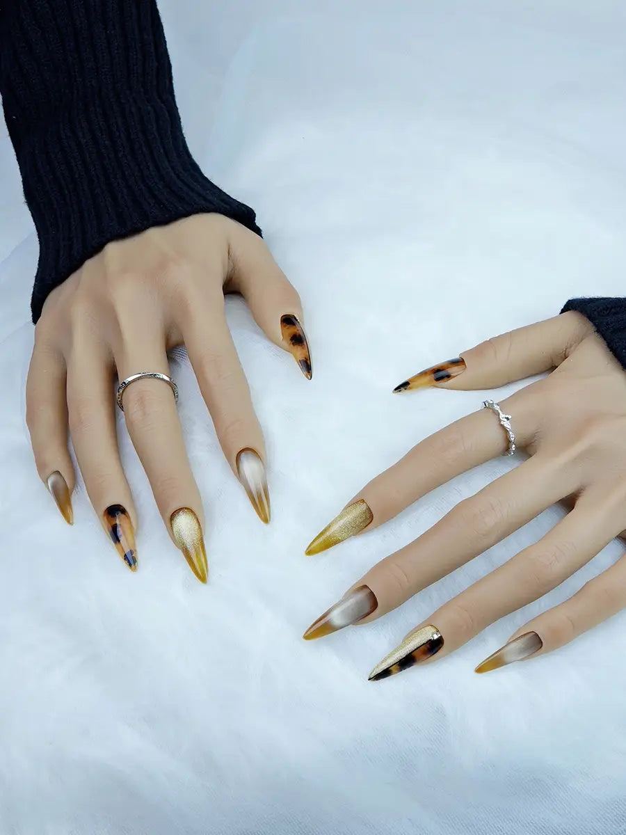 Tortoiseshell & Champagne Gold Gradient Stiletto Press-On Nails with Rhinestones