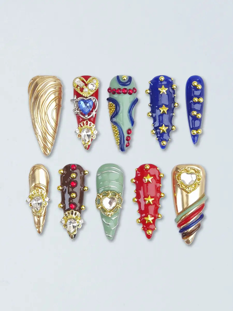 Luxurious Vintage Court Stiletto Press-On Nails – Gold, Red, Green & Blue