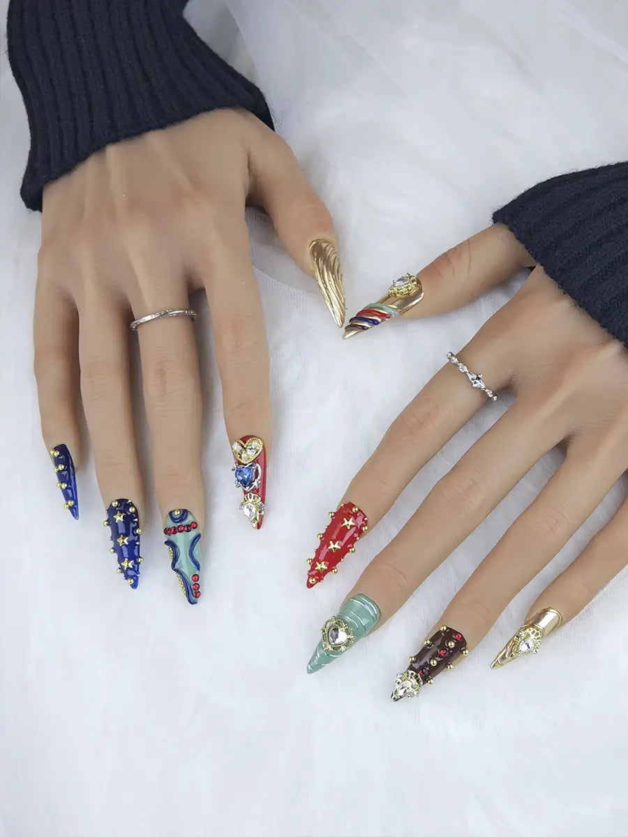 Luxurious Vintage Court Stiletto Press-On Nails – Gold, Red, Green & Blue