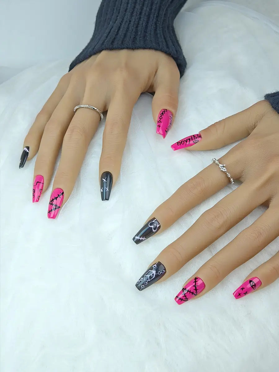 Black & Neon Pink Graffiti Press-On Nails – Dark Sweet Art Style