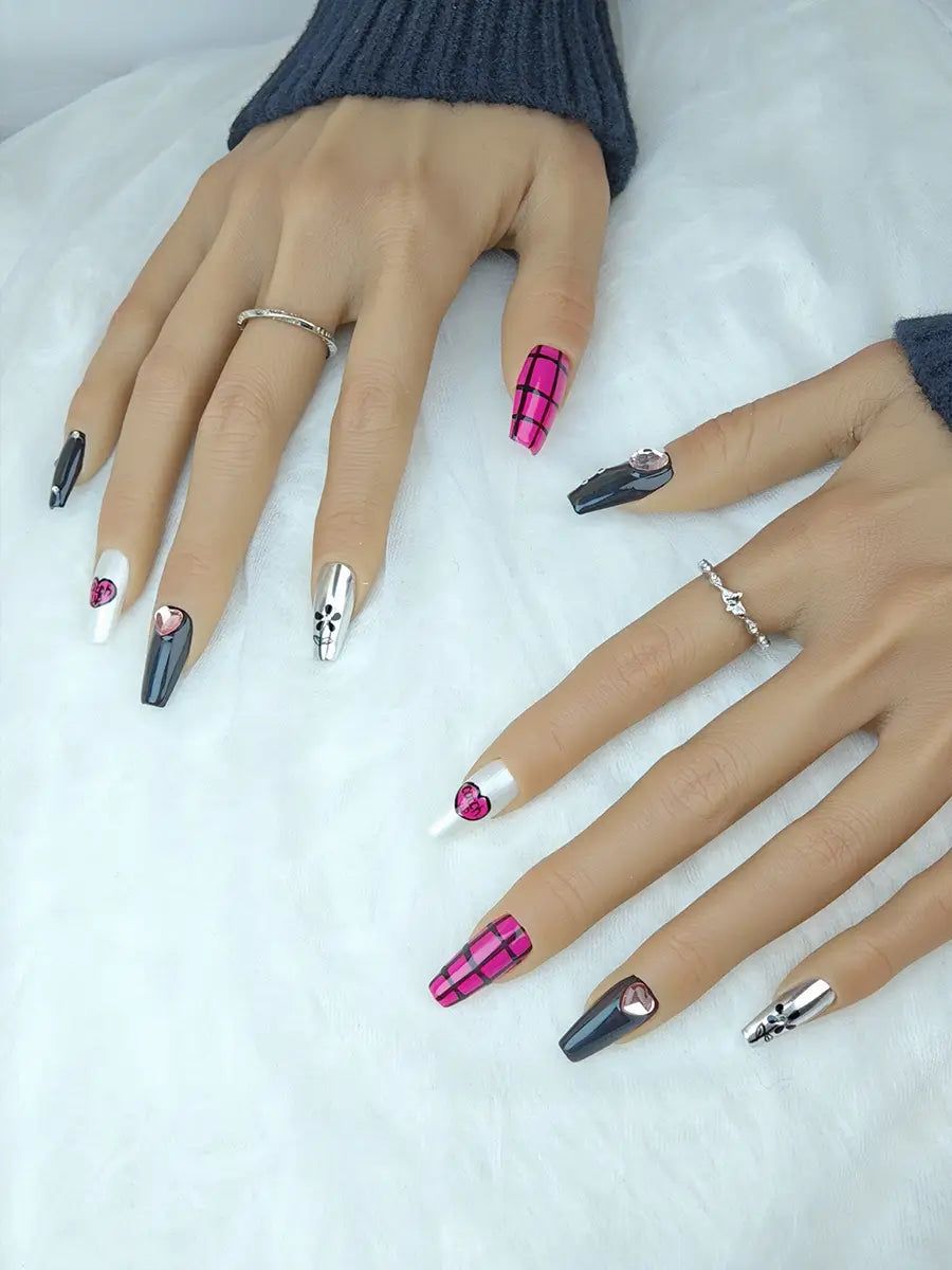 Black, Neon Pink & Silver Plaid Press-On Nails – Sweet Cool Art Style