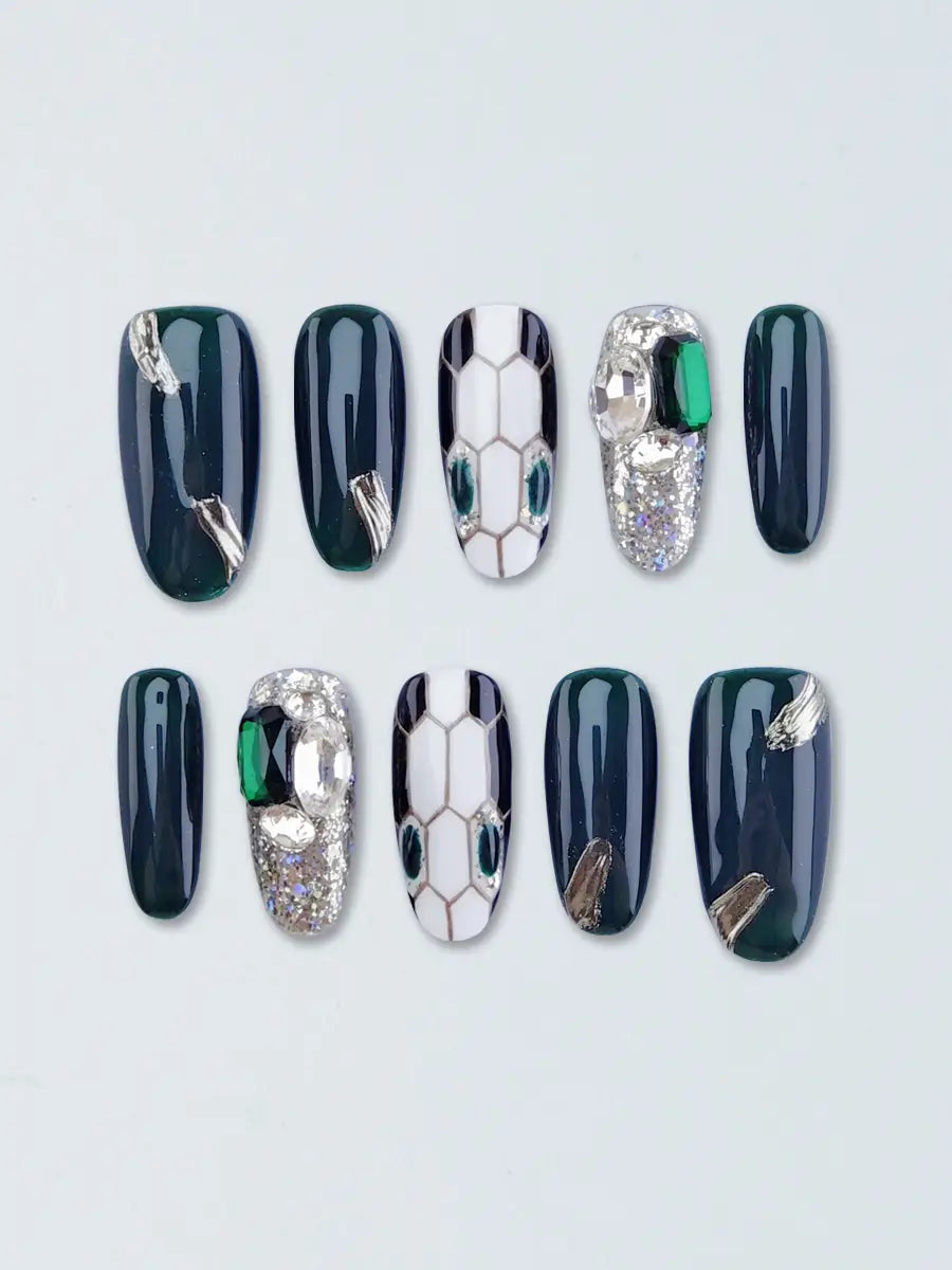 Dark Green Snake Print Press-On Nails with Rhinestones & Metal Accents – Long Oval