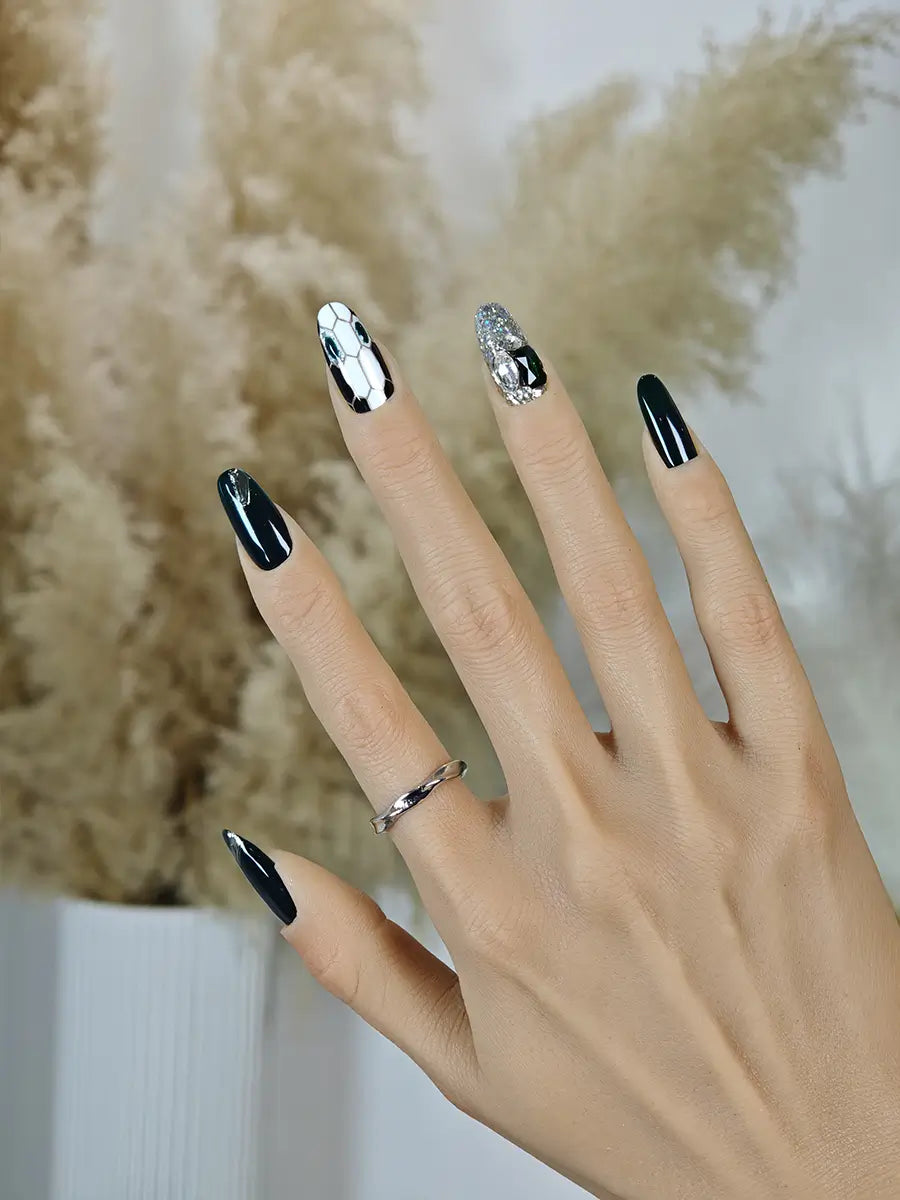 Dark Green Snake Print Press-On Nails with Rhinestones & Metal Accents – Long Oval