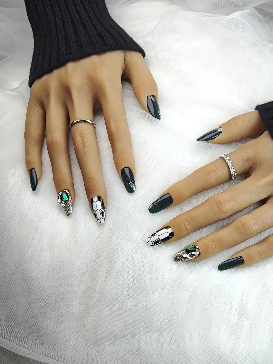 Dark Green Snake Print Press-On Nails with Rhinestones & Metal Accents – Long Oval