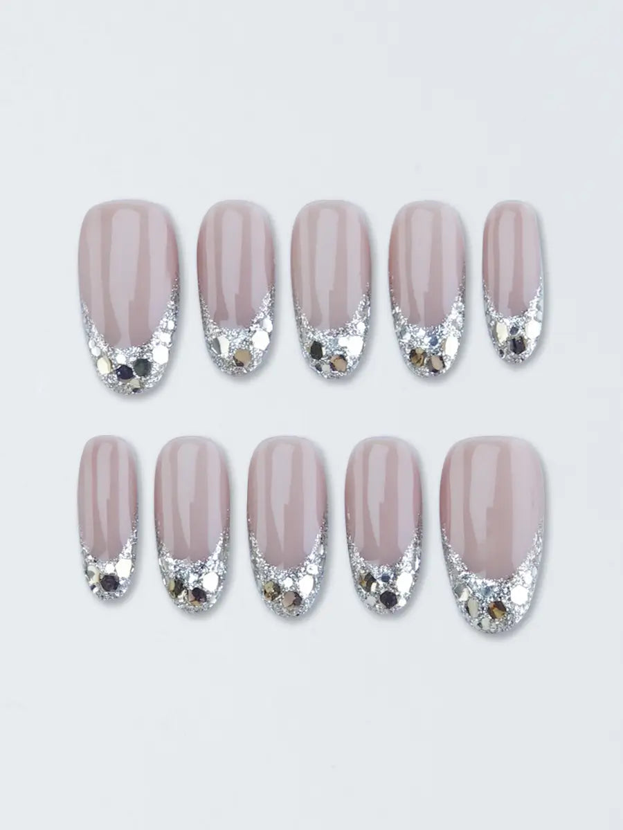 Nude Pink Gradient Press-On Nails with Silver Glitter & Rhinestones – Long Oval