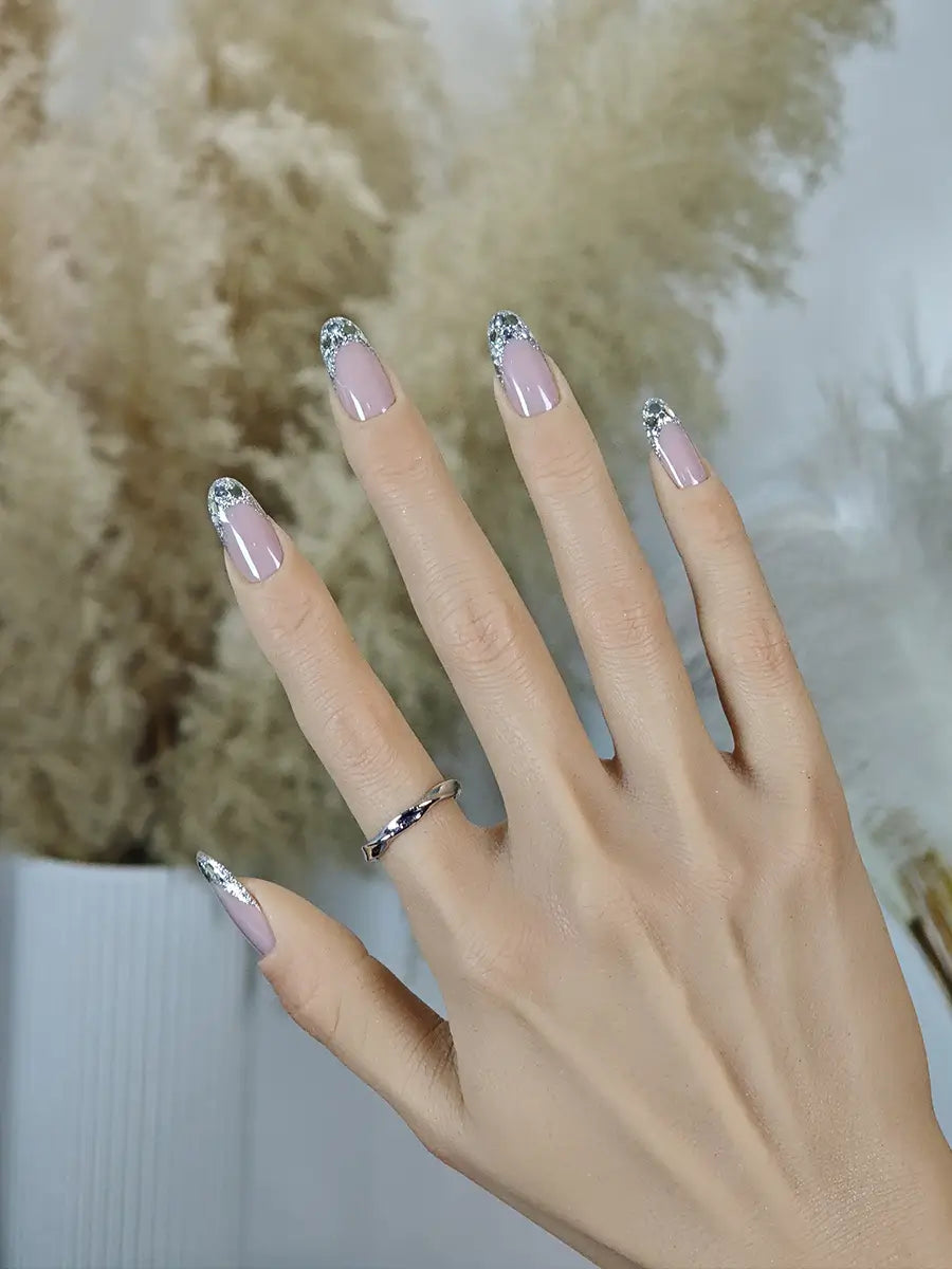 Nude Pink Gradient Press-On Nails with Silver Glitter & Rhinestones – Long Oval