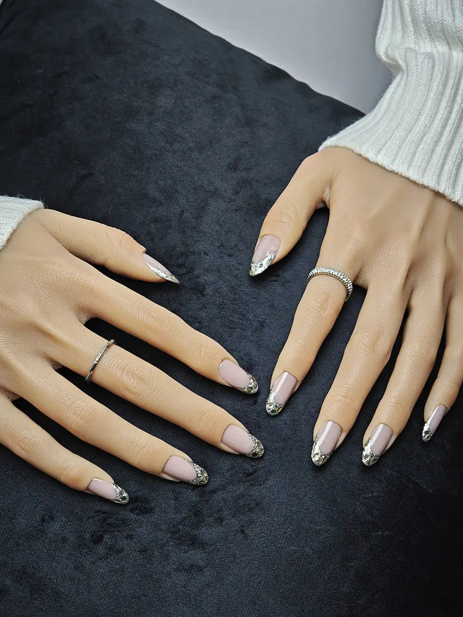 Nude Pink Gradient Press-On Nails with Silver Glitter & Rhinestones – Long Oval
