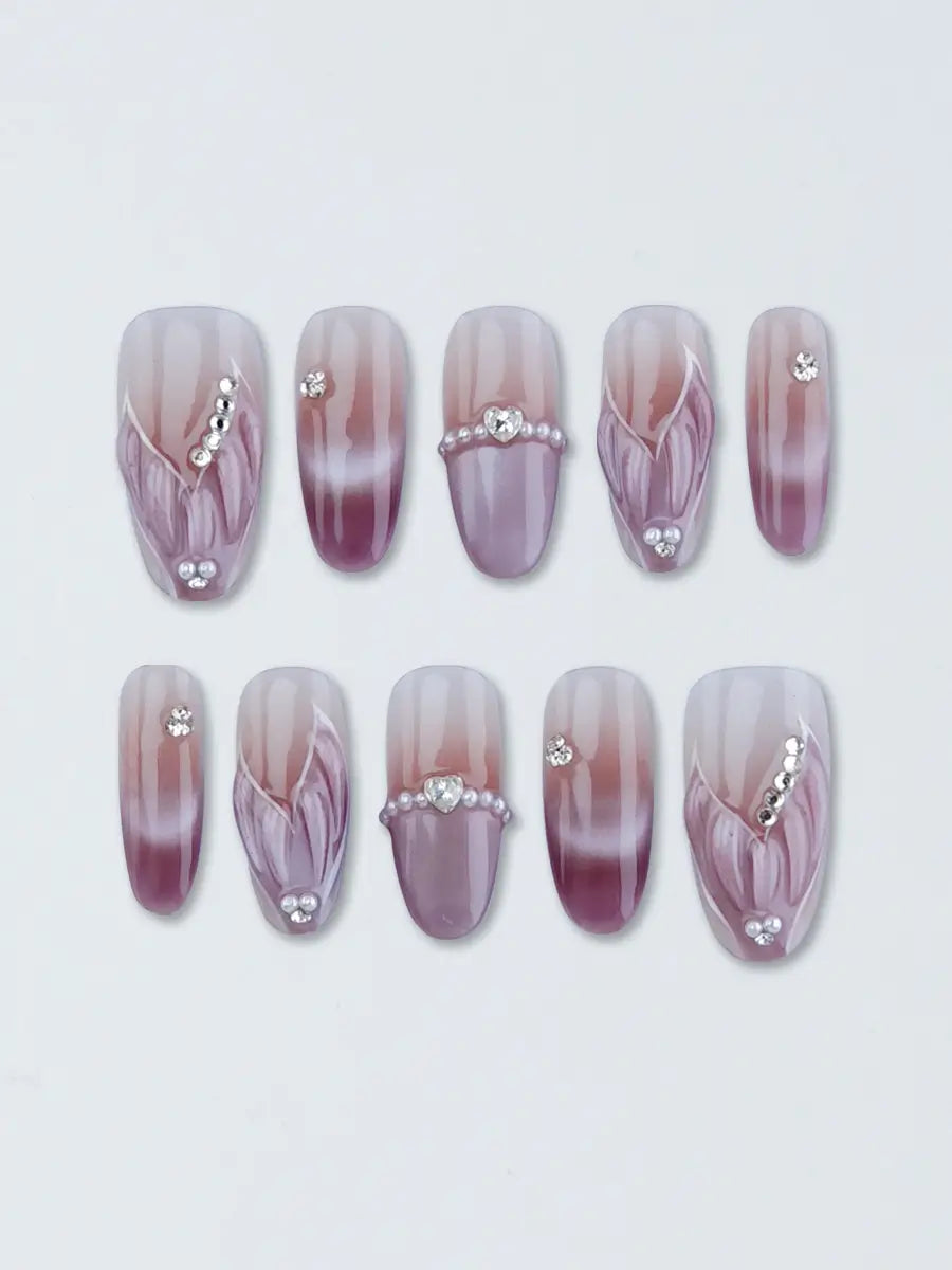 Pink & Purple Gradient Press-On Nails with 3D Texture and Rhinestones – Long Oval