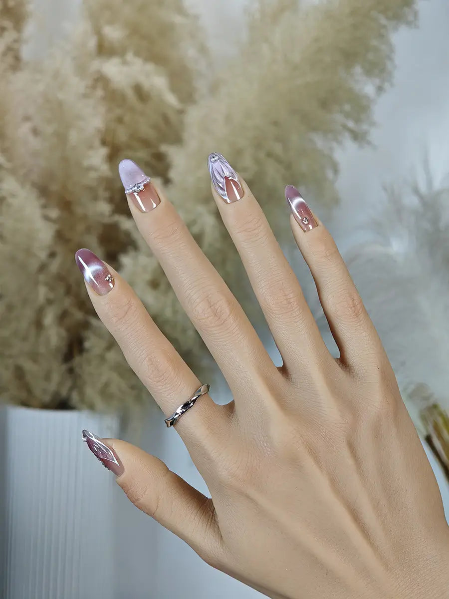 Pink & Purple Gradient Press-On Nails with 3D Texture and Rhinestones – Long Oval