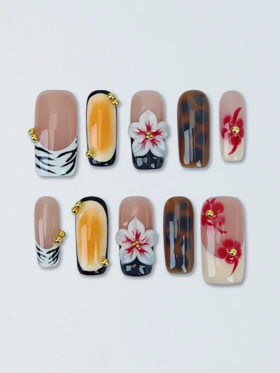 Tiger Print 3D Flower Gold Accent Press-On Nails – Long Square