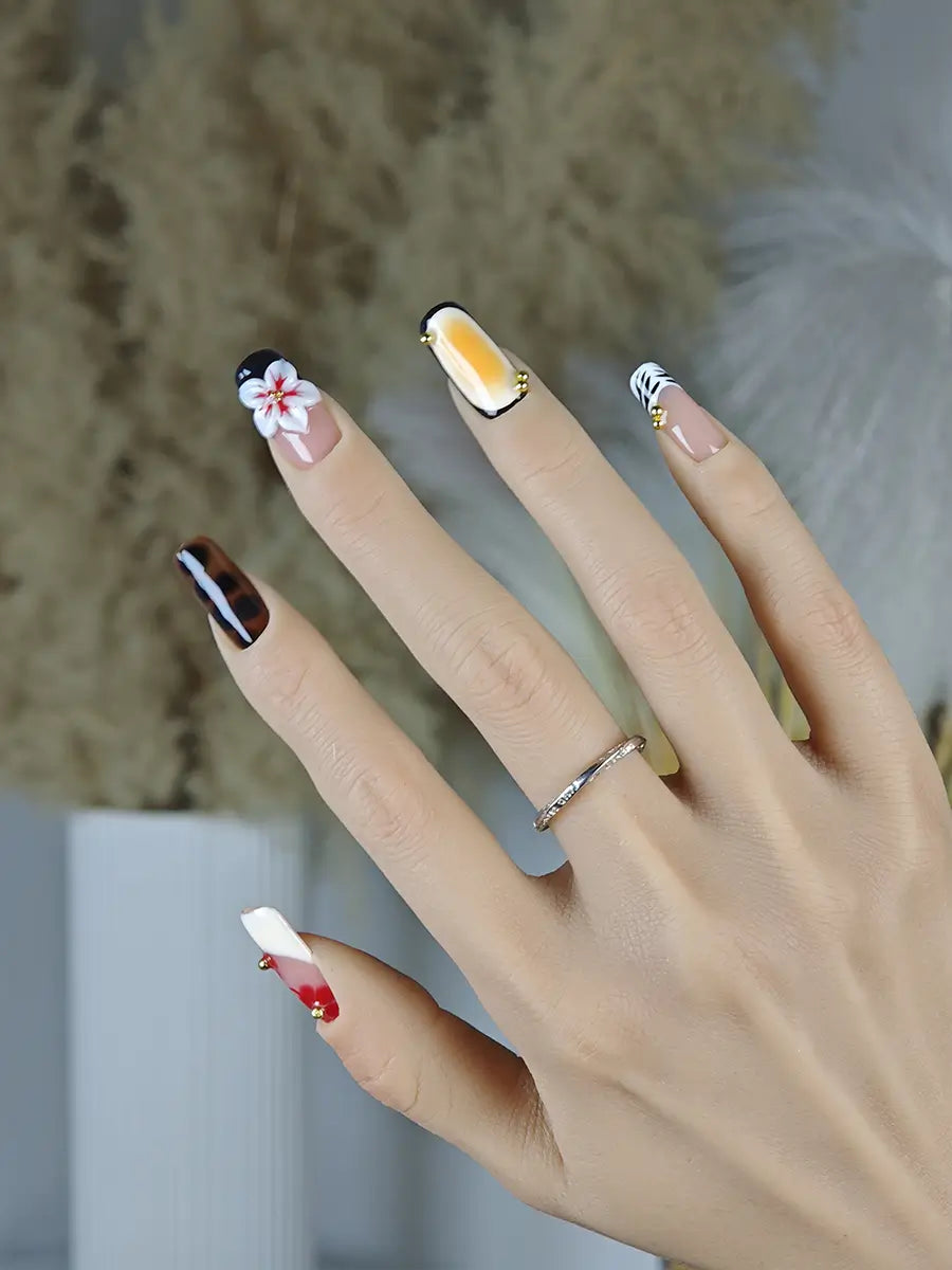 Tiger Print 3D Flower Gold Accent Press-On Nails – Long Square