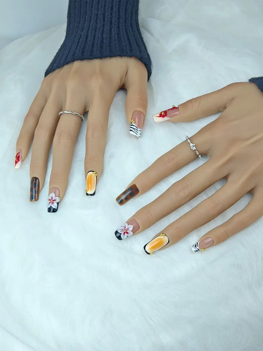 Tiger Print 3D Flower Gold Accent Press-On Nails – Long Square