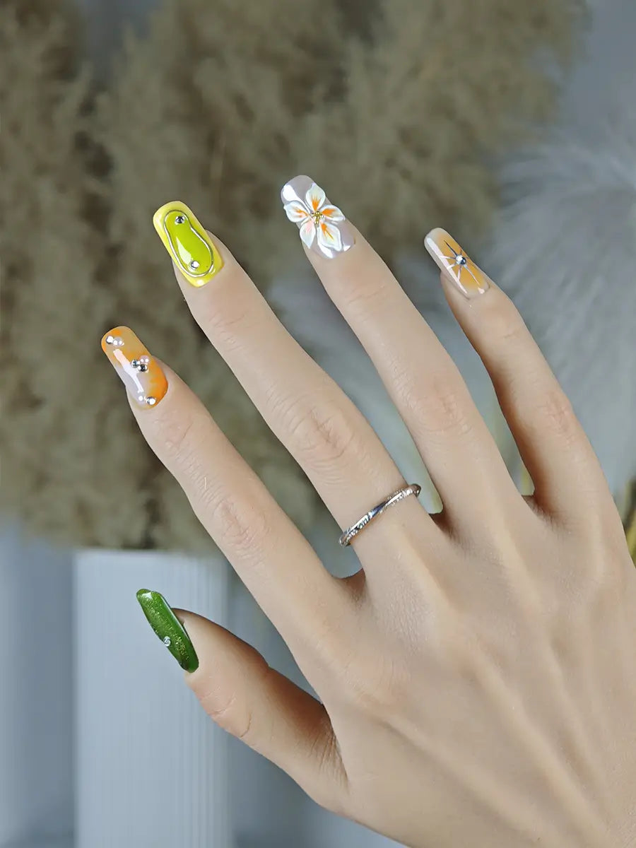 Spring Color Gradient Flower Rhinestone Press-On Nails – Long Square