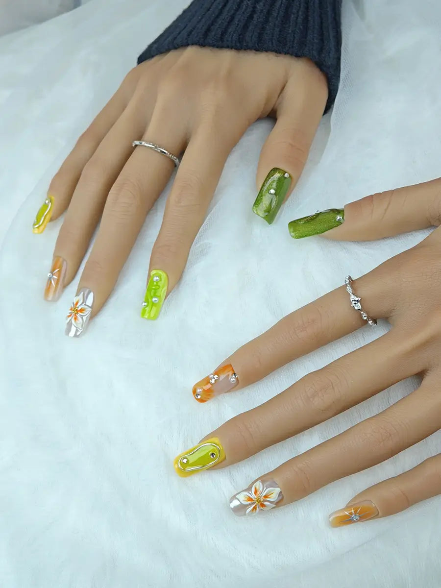Spring Color Gradient Flower Rhinestone Press-On Nails – Long Square