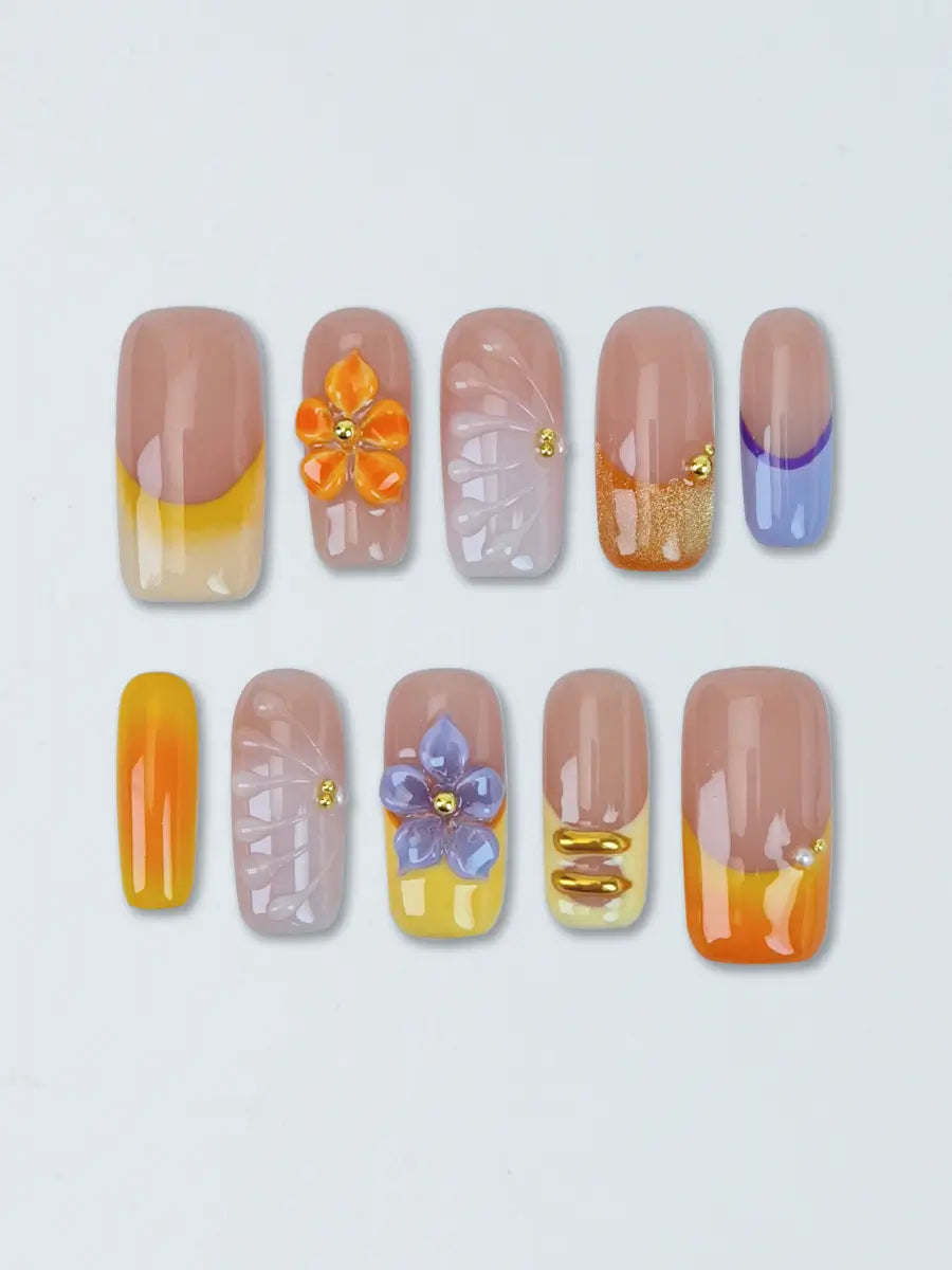 Color Block 3D Floral Gold Accent Press-On Nails – Long Square