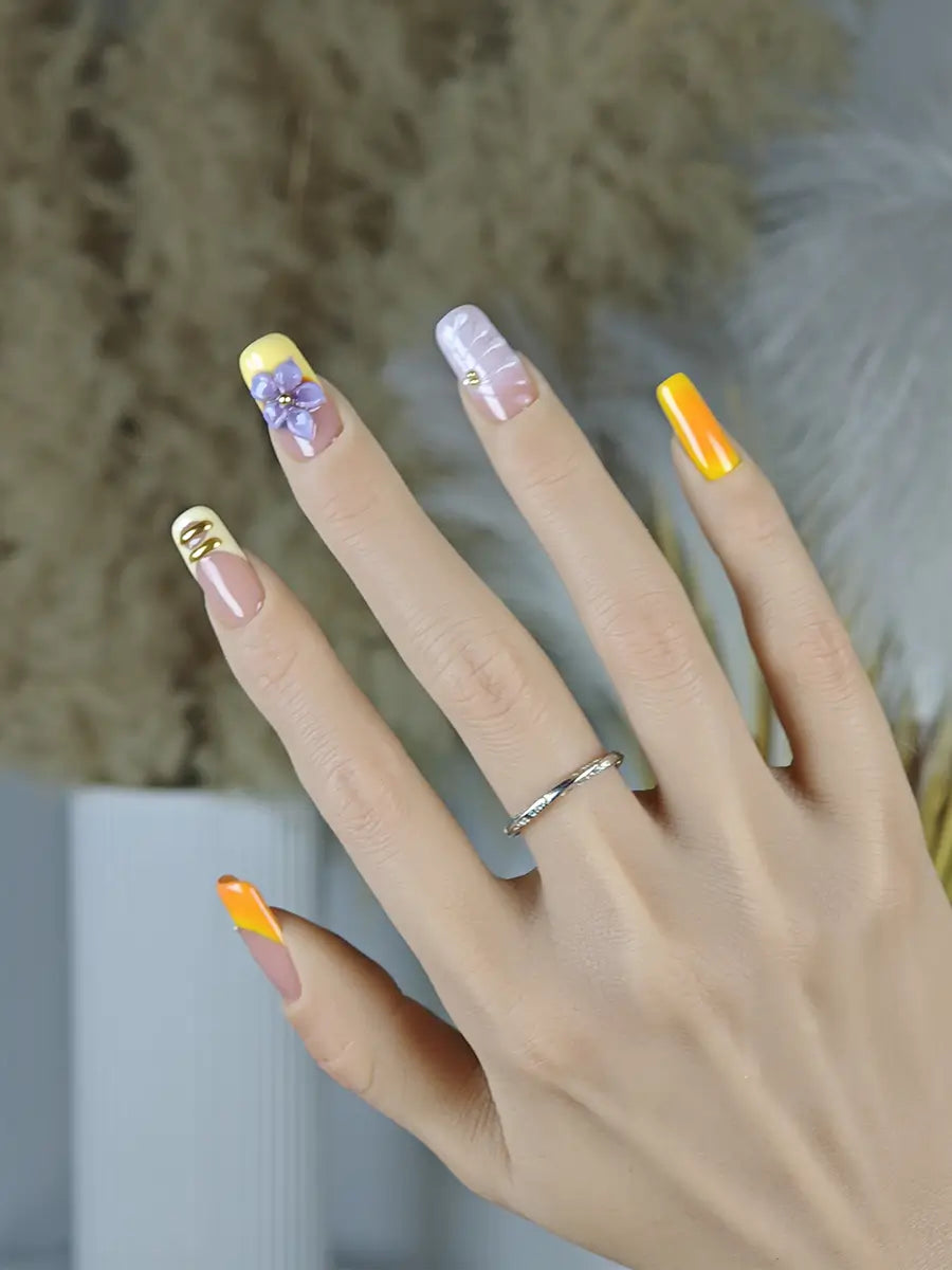 Color Block 3D Floral Gold Accent Press-On Nails – Long Square