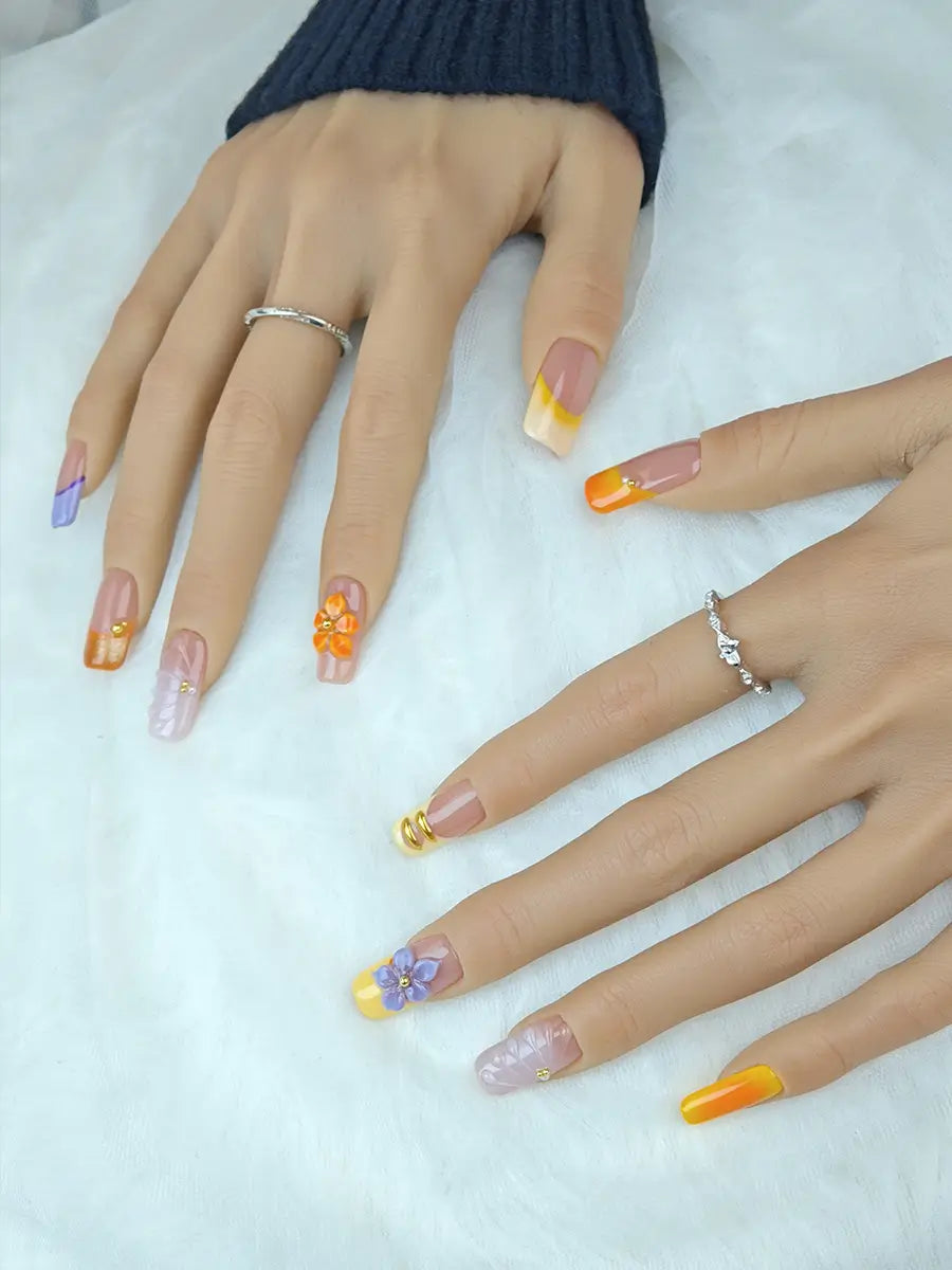 Color Block 3D Floral Gold Accent Press-On Nails – Long Square