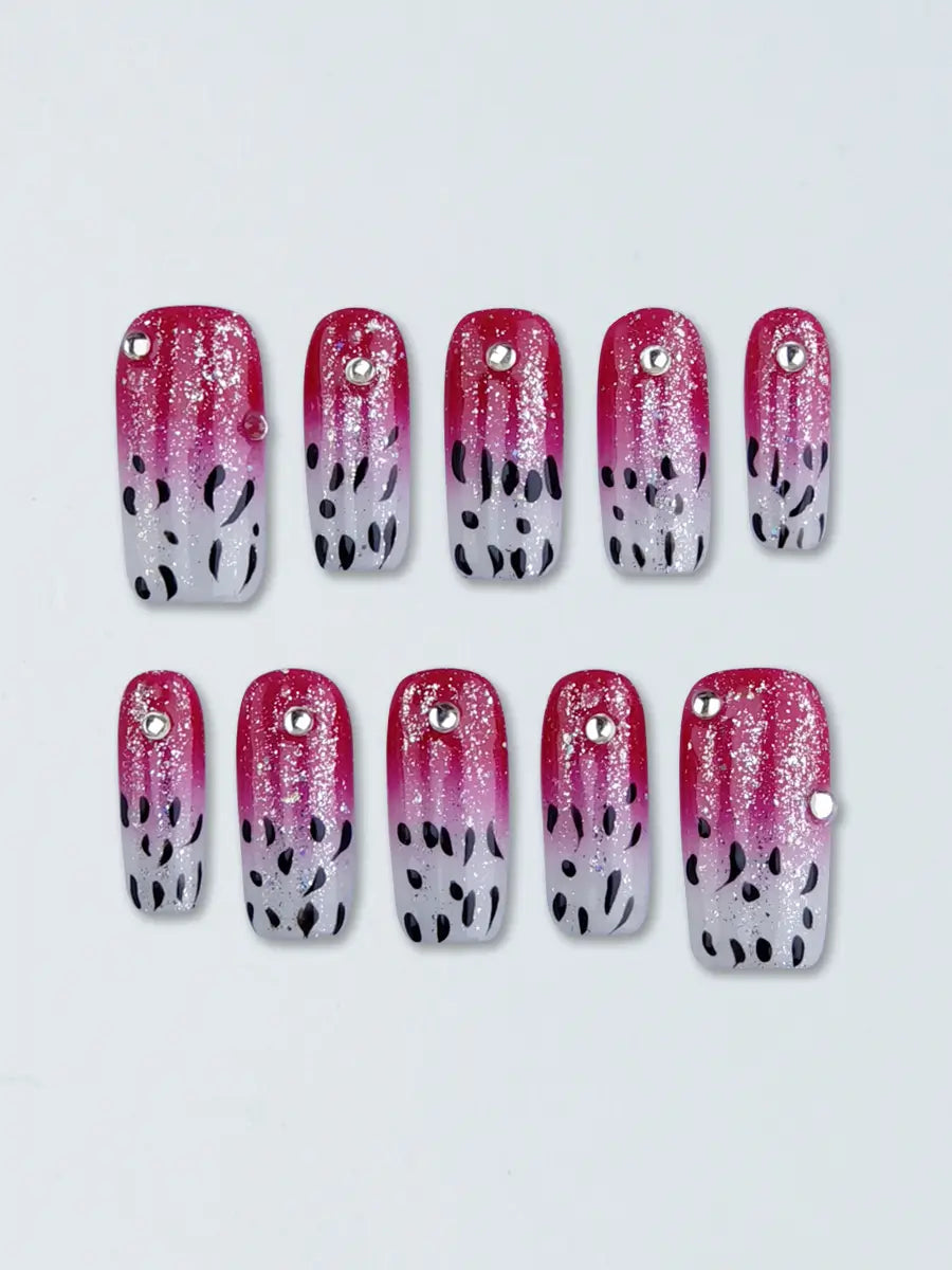 Red & Pink Gradient Glitter Rhinestone Press-On Nails – Long Square