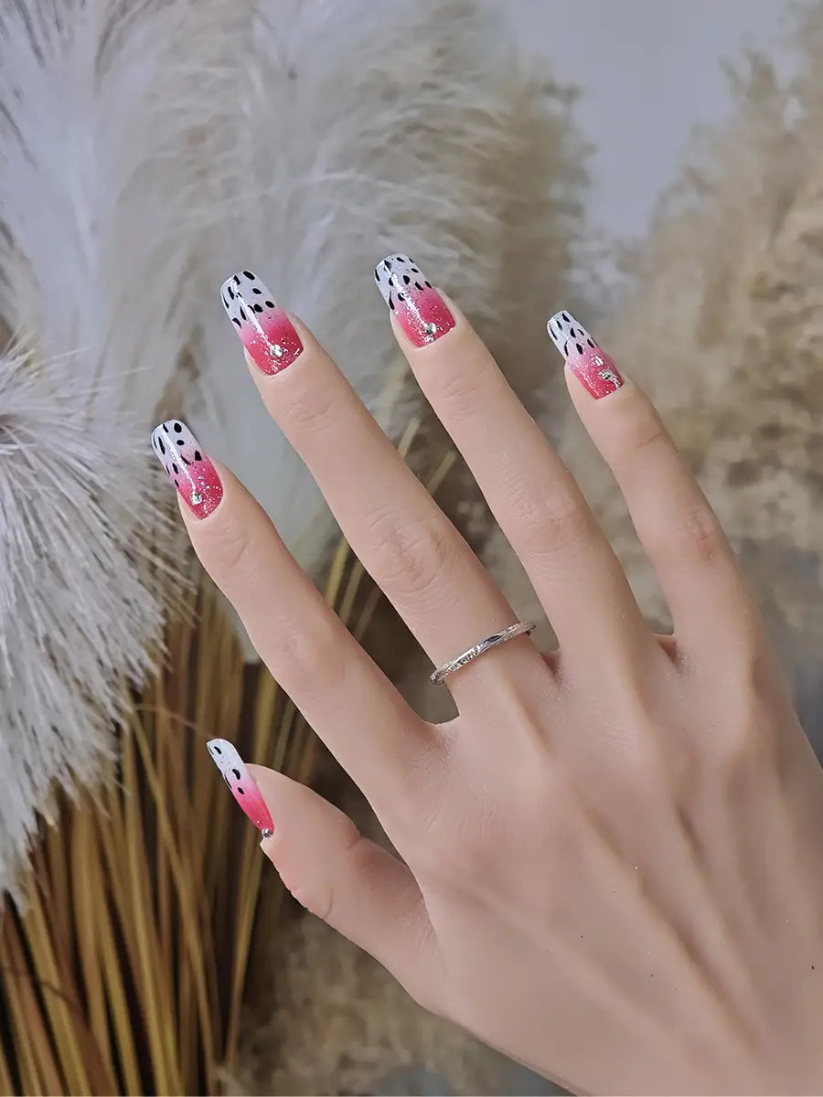 Red & Pink Gradient Glitter Rhinestone Press-On Nails – Long Square