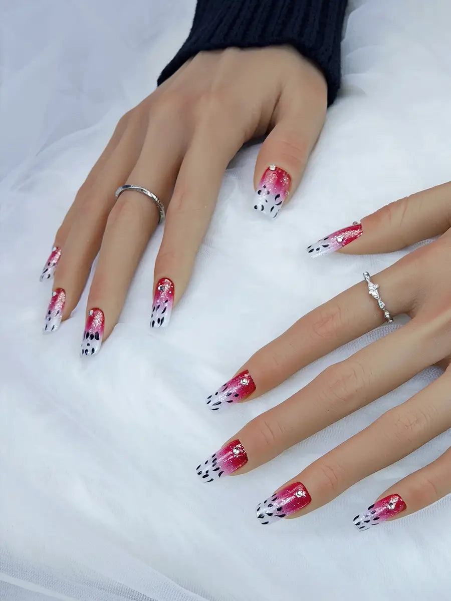 Red & Pink Gradient Glitter Rhinestone Press-On Nails – Long Square