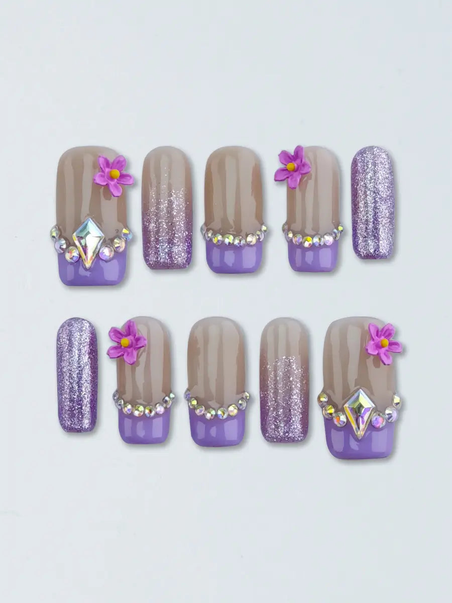 Pink & Purple Gradient Flower Rhinestone Press-On Nails – Long Square