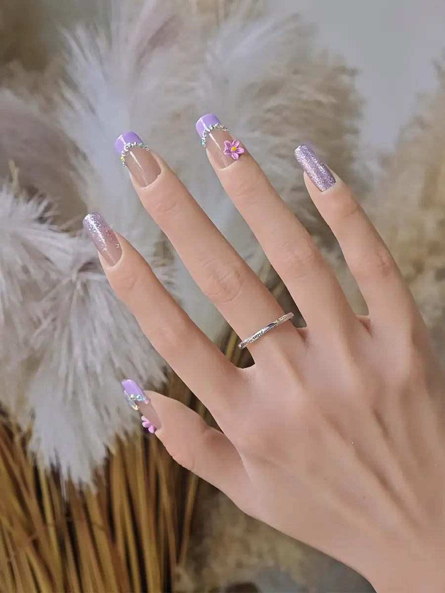 Pink & Purple Gradient Flower Rhinestone Press-On Nails – Long Square