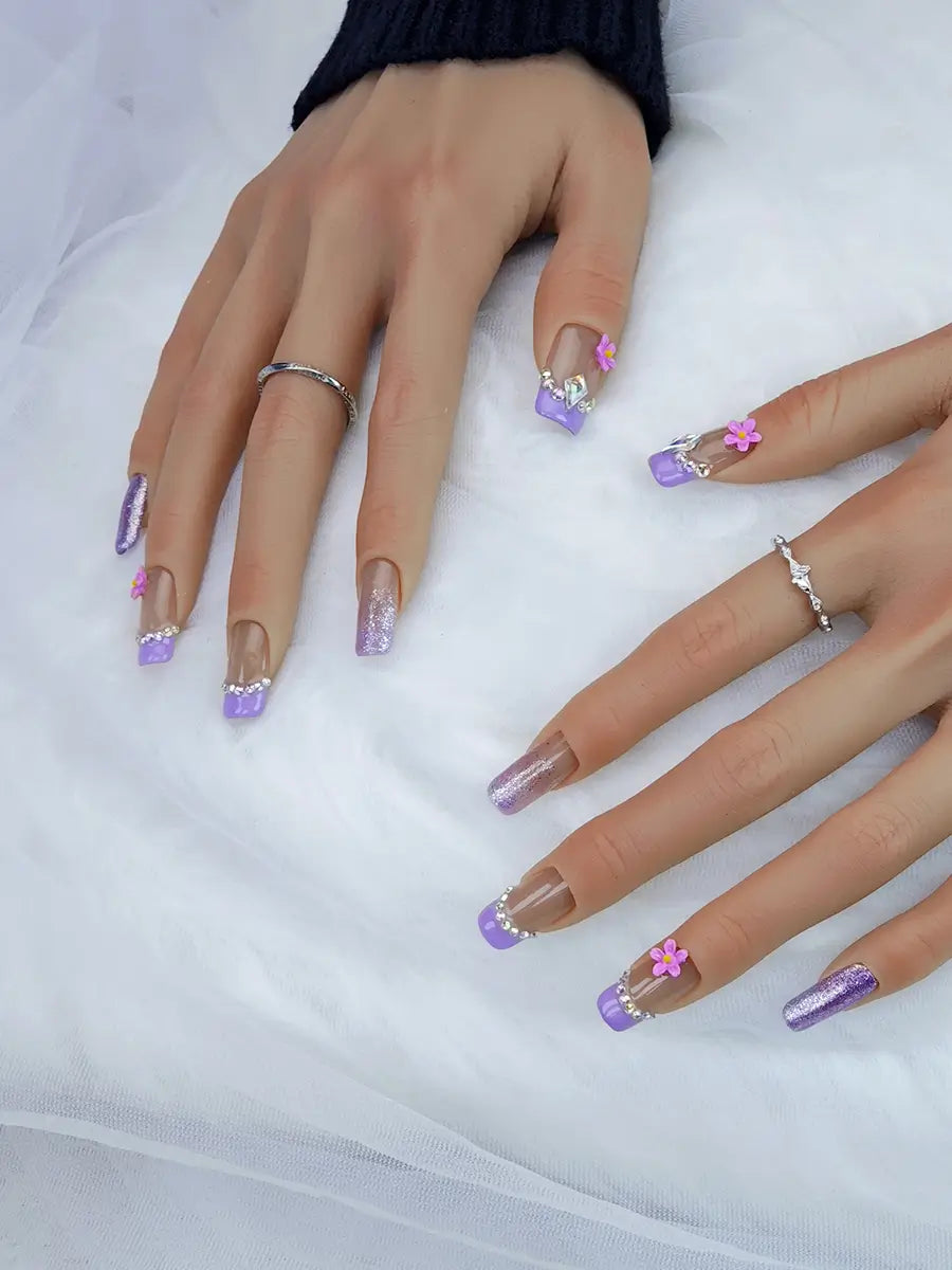 Pink & Purple Gradient Flower Rhinestone Press-On Nails – Long Square