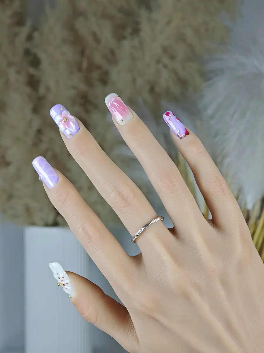 Pink Purple 3D Flower Gold Accent Press-On Nails – Long Square