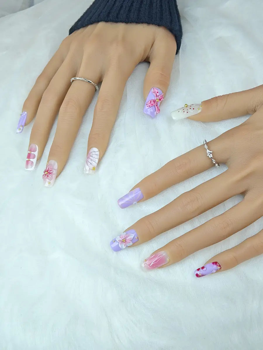 Pink Purple 3D Flower Gold Accent Press-On Nails – Long Square