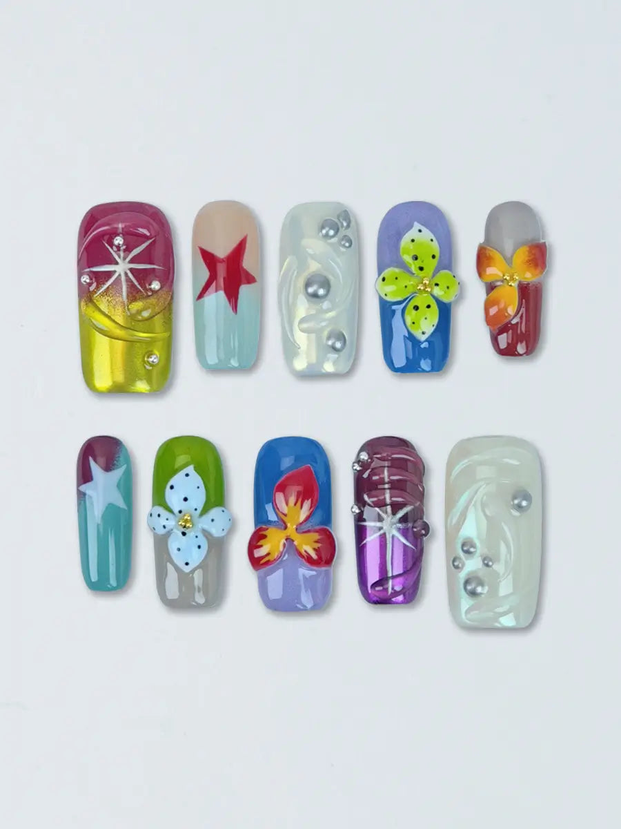 Color Block Star & 3D Floral Press-On Nails – Artistic Long Square